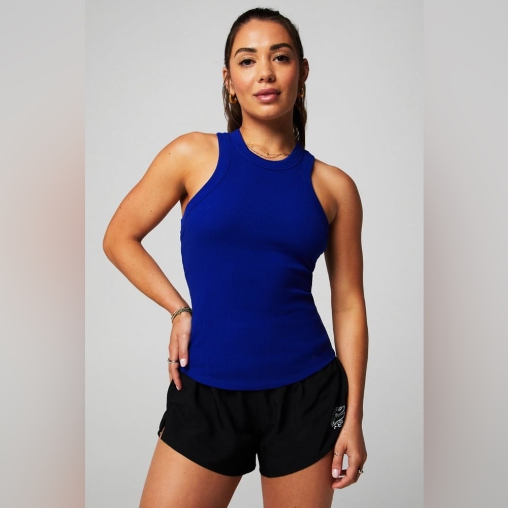 Fabletics High Neck Rib Built-In Bra Tank Blue